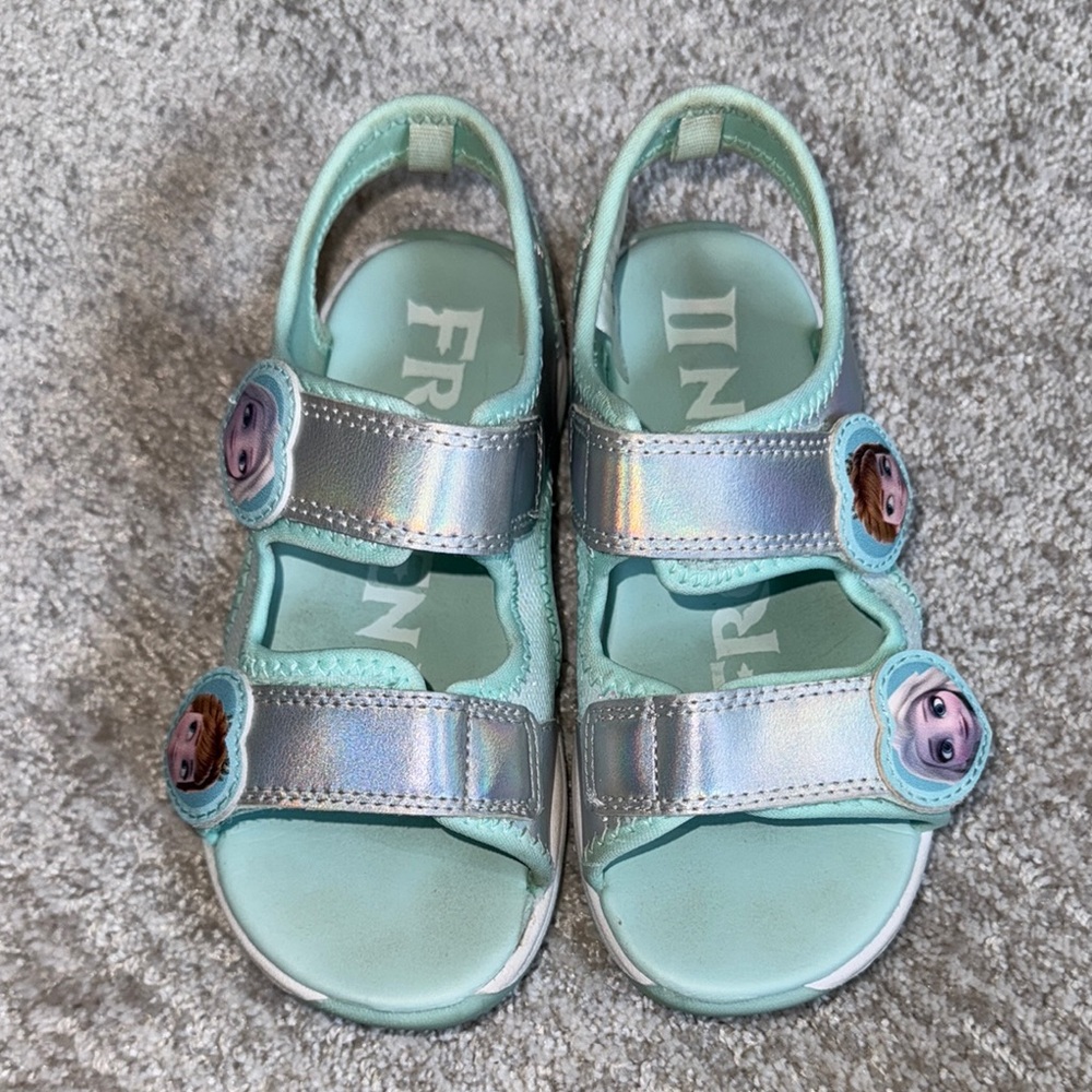 Frozen 2 Elsa & Anna Aqua and Silver Sandals Velcro Closure Girls Size 12M